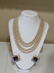 VTG De Liguoro Italy Faux Pearl Multi Strand Rhinestone Clasp Necklace, Earrings