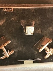 Vintage Demi Towncraft Etched Goldtone Squares w Tiny Ruby Red Accent Cuff Links