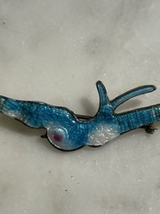 Antique Victorian Bird Swallow Pin Brooch Enameled 2.5″ Blue White Pink RARE