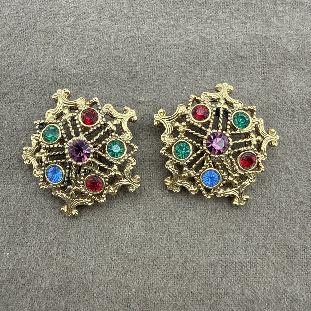 Vintage Clip on Earrings Colorful Rhinestones Jewel