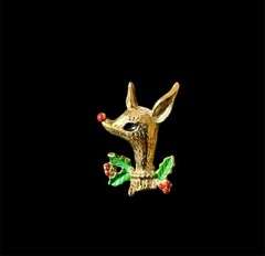 Vintage IWAN Brooch Rudolph Reindeer Gold Tone Enamel Signed Holly Berries Pin