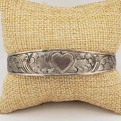 VTG Silver Tone Bracelet Engraved Heart Bangle Cuff Bells Romantic Boho Western