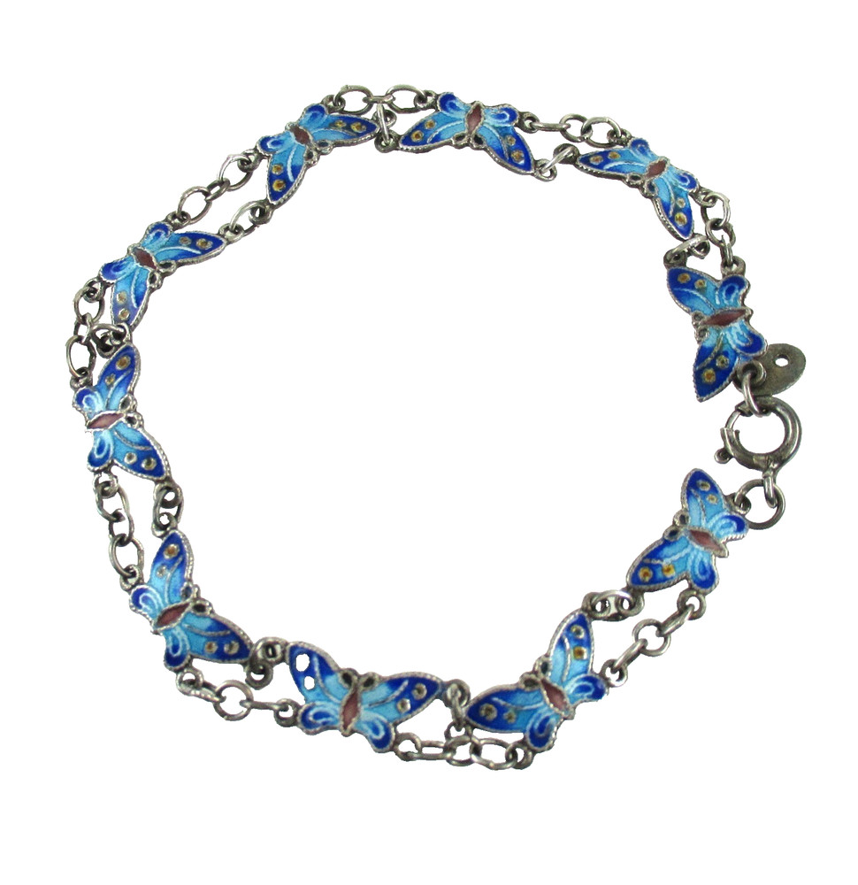 .925 Sterling Silver Butterfly Bracelet Blue Enameled Vintage Chain Link 7.75″