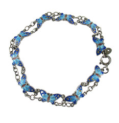.925 Sterling Silver Butterfly Bracelet Blue Enameled Vintage Chain Link 7.75″