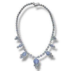 1950s Blue Moonstone Rhinestone Necklace Silver Tone 15in Vintage Unsigned