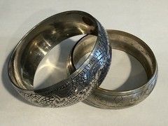 LOT OF 2 VINTAGE ETCHED SILVER PLATED PEWTER WIDE BANGLE BRACELETS