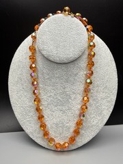 HATTIE CARNEGIE Signed Orange AB UV GLOW Glass Bead Necklace VTG 17.75” 41g HTF