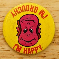 Vintage Hippie Groovy 70s Pinback Button Metal I’m Happy I’m Grouchy Mans Face