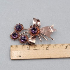 Vtg Sterling Silver Flower Pin Brooch Purple Rhinestone Rose Gold Vermeil 2.5″
