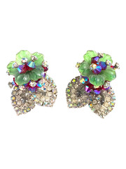 Hobe Molded Glass Flower Earrings Vintage AB Rhinestone Signed Clip-Ons