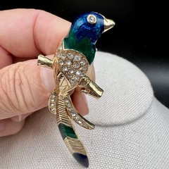 Vintage Blue Green Enamel Bird Brooch Gold Tone Perched Figural Pin Rhinestone