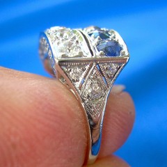 Original EARTH MINED DIAMOND SAPPHIRE Deco Statement Ring PLATINUM Filigree Band