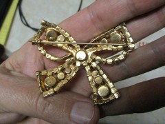 Gold and White BOW pin brooch Vintage MILK GLASS rhinestones