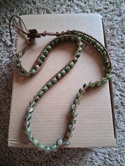 Green Glass Bead Leather Strap Button Clasp Necklace