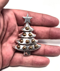 Vintage Signed BEST Silver Christmas Tree W/ Gold Ornaments Pendant Pin / Brooch