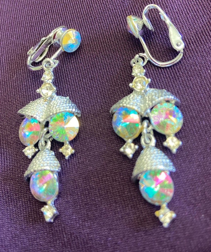 Vintage Silver Tone Earrings Crystal Rhinestone Aurora Borealis AB