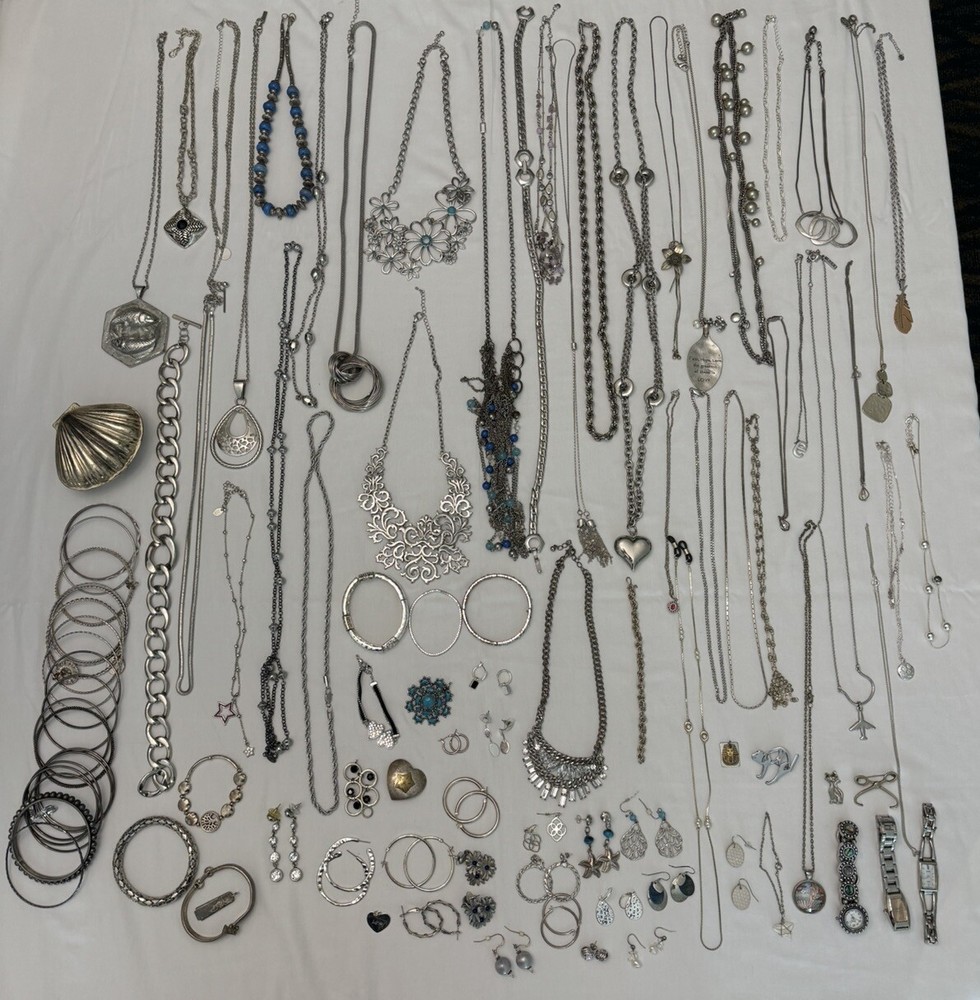 110 Pc Silver Tone Costume Jewelry Lot, All Wearable, Vintage to Modern