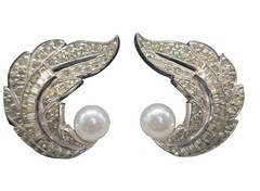 Jomaz Rhinestone Paved Winged Clip On Earrings Faux Pearl Accent Vintage Patent