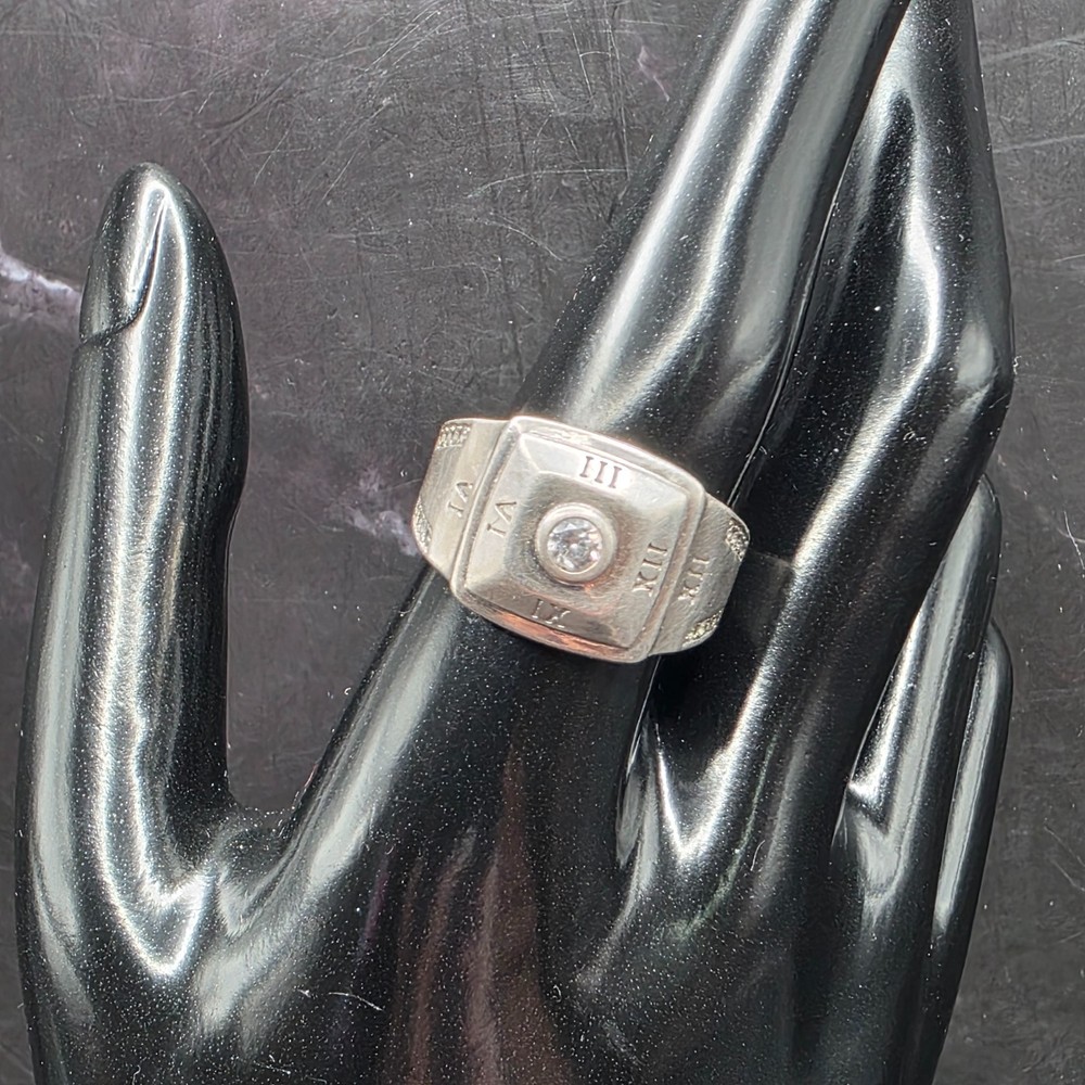 Vtg 1950s CZ Signet Mens Ring Hand Engraved w/CZ Accents in 925 Sterling Silver