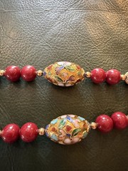 Vintage Carnelian Goldtone Cloisonné Knotted Beaded 32” Necklace