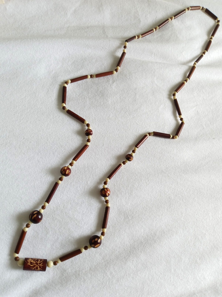 Vintage Wood Bead Necklace Boho Tribal Earth Tone Handmade Artisan 30″ Necklace
