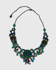 Ayala Bar Statement Necklace Turquoise Mosaic Beaded Bib Adjustable Signed 16.5″