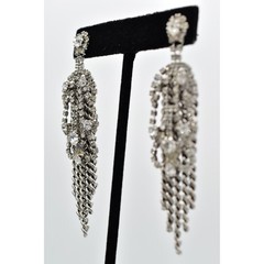 Vintage Crystal Fringe Earrings Silver Chain Drip Chunky Dangle Chandelier 9C
