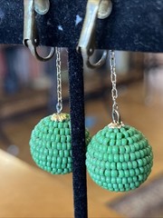 Vintage Green Glass Seed Bead Dangle Drop Clip On Earrings Go Go Style 2”