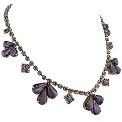 Vintage Purple Moonglow Glass 1950s 1960s Silver Tone Choker 14″ Necklace