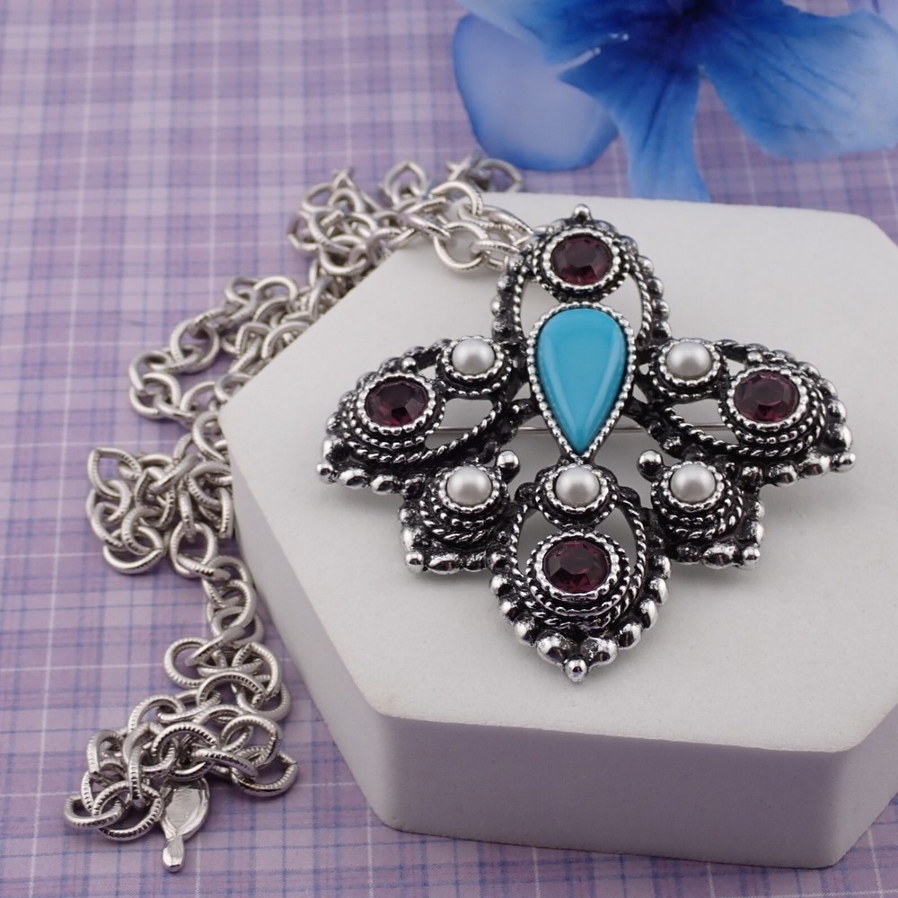 Sarah Cov Imperial Royal Motif Simulated Turquoise Purple Rhinestone Pin Pendant