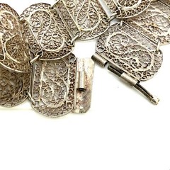 Antique Sterling Art Deco Filigree Open Scroll Works Panel Link Bracelet 6 3/4