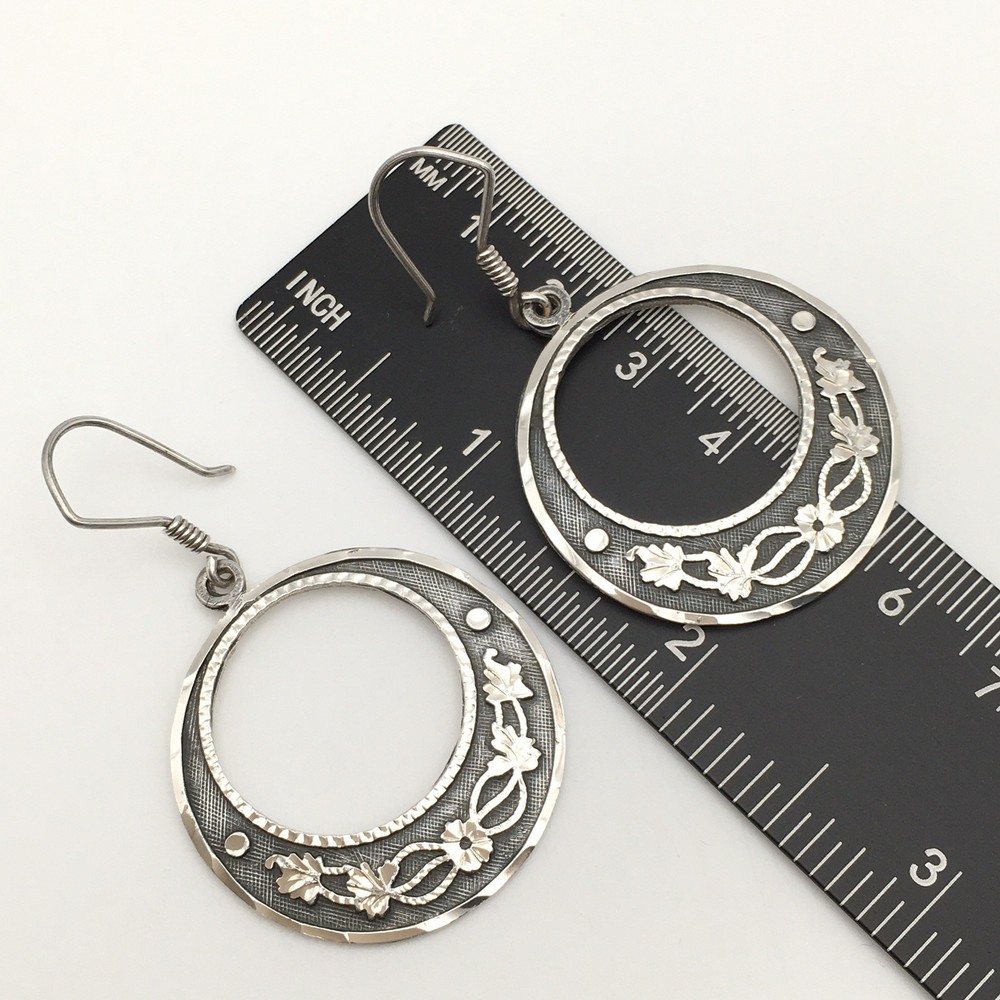Vintage Sterling Silver Floral Hook Dangle Earrings Marked CM-10 925 Mex 12g #61