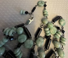 Sterling Silver Carved Jade Cylinder Deco Tassel Necklace Wired Black Glass Bead