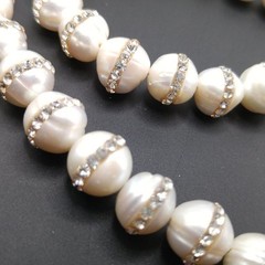 Handcrafted Freshwater Pearl Rhinestone Necklace 32” Long Statement Strand