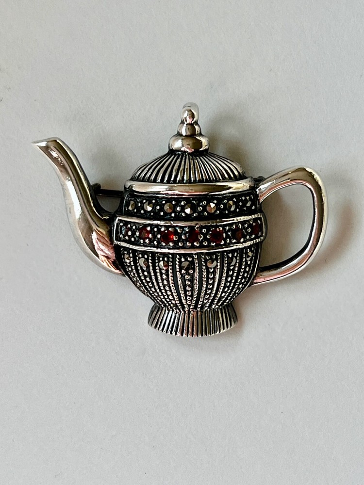 Sterling Silver Convertible Teapot Tea Party Brooch/Pendant w Marcasite, Garnets
