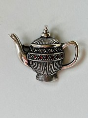 Sterling Silver Convertible Teapot Tea Party Brooch/Pendant w Marcasite, Garnets