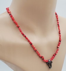 VTG 925 Red Coral Bead 17in Necklace Sterling Silver 15gtw Puffed Open Cross