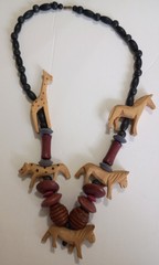 Vintage African Tribal Chunky Beaded Wood Hand Carved Safari Animal Necklace