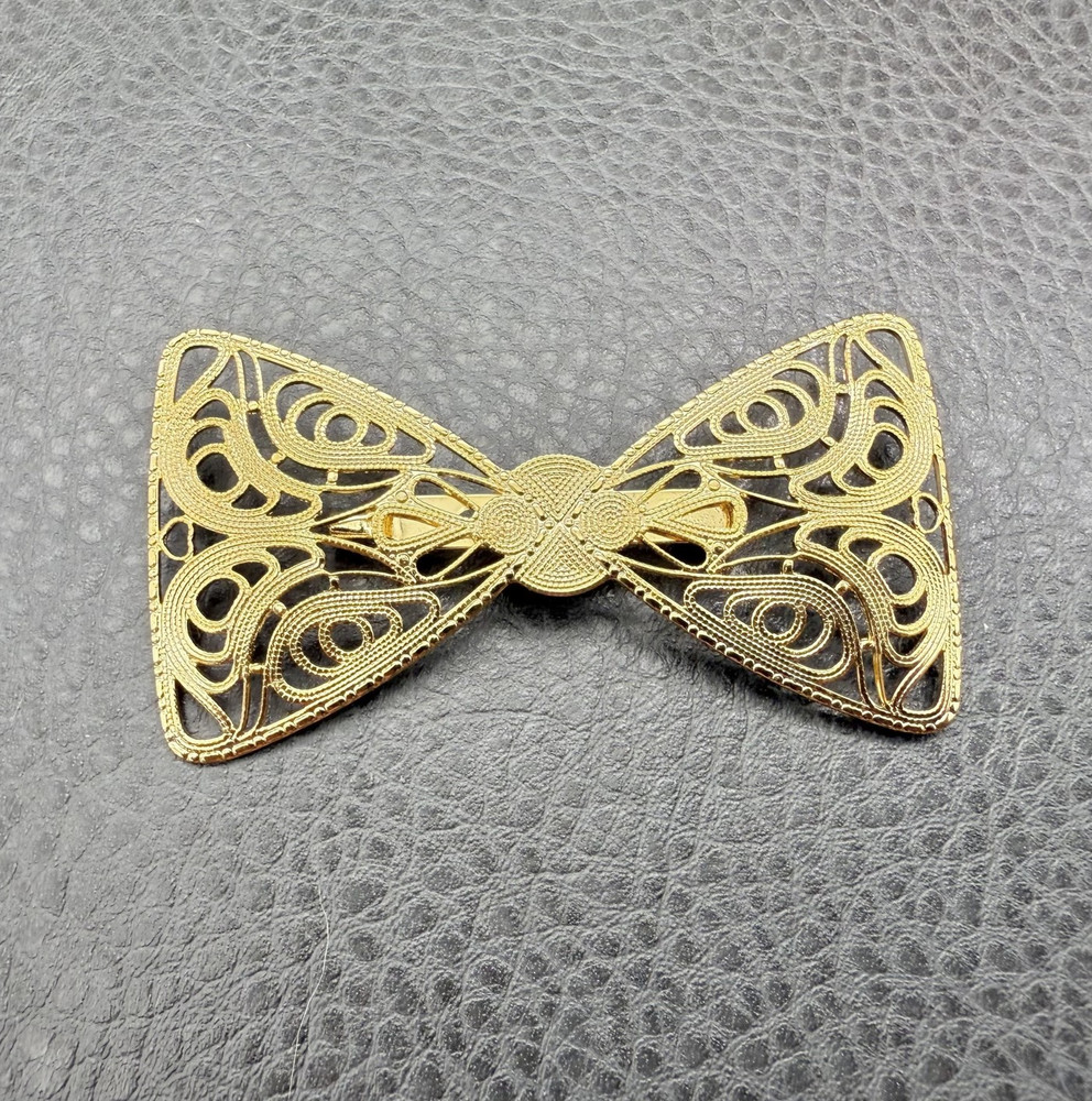 Vintage Brooch Gold Tone Filigree Bow Art Deco Style Pin Ornate Fashion Jewelry