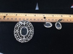 Vintage Silver Tone Black Star Burst Brooch And Clip Earrings