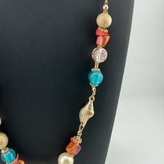 Vtg 1980s Necklace Coastal Style GoldT Seahorse Seashell Mixed Beads 1.5 Oz 22”L