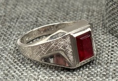 Vintage 18K HGE White Gold Plated Red Stone Signet Ring Men’s Art Deco Style 8
