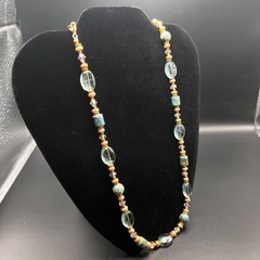 Vtg Strung Turquoise Faceted Glass & Gold Bead Beach Casual Artisan Necklace 24″