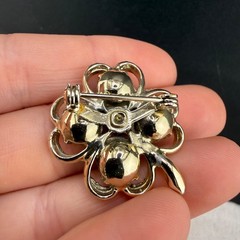 Vintage Four Leaf Clover Rhinestone Brooch Clip On Earrings Set Gold Tone AB