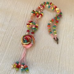 Colorful Faux Stone Nugget & Pale Pink Plastic Bead with Seashell Flower Pendant
