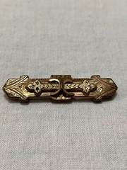Victorian geometric gold over brass top, gold over silver bottom bar pin C clasp