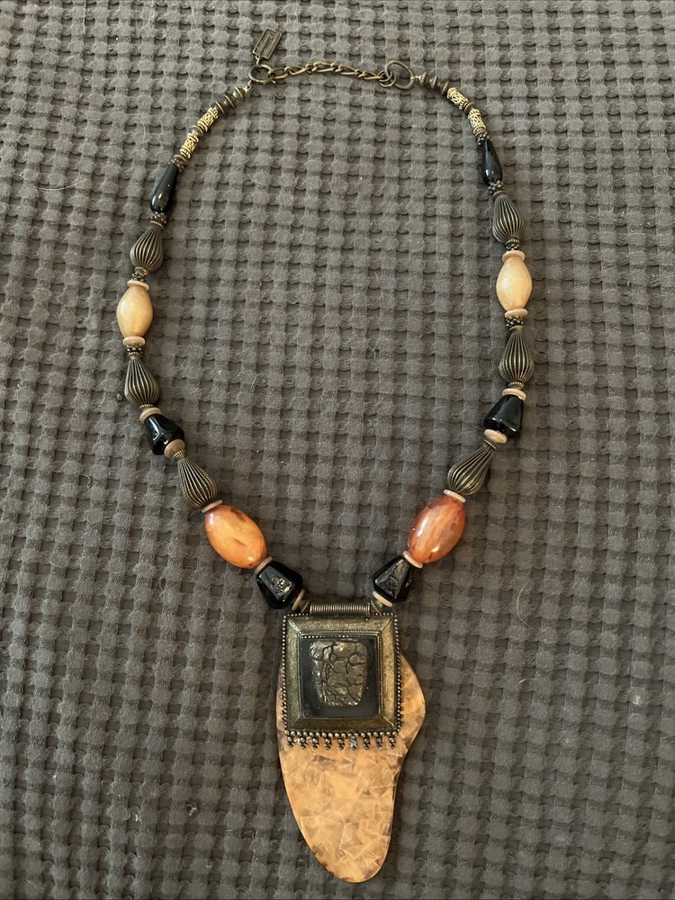 Vintage Anthony Alexander 5” Pendant Brown & Black Beaded Statement Necklace