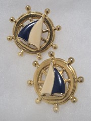 Vintage Avon Nautical Sailboat Earrings | Enamel Ship Wheel Studs