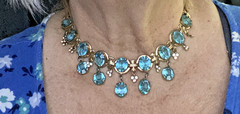 Stunning Vintage Aqua Blue Crystal Bib Necklace Gold Tone Art Deco