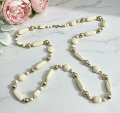 Vintage Lucite Necklace, Ivory Beads Gold Tone Accents, 36 In Mid Century